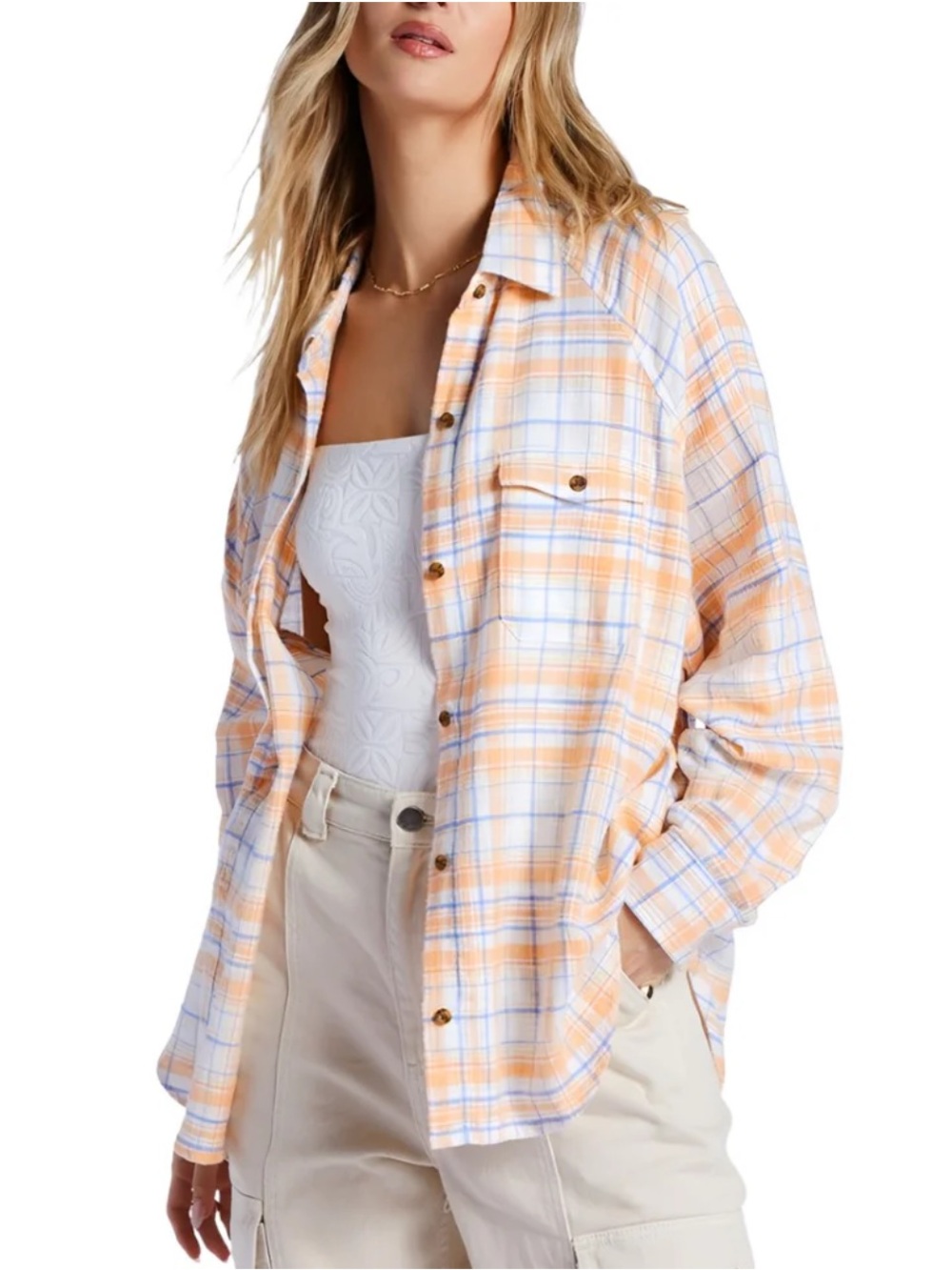 NWT Billabong Peach & Light Blue Plaid Button Shirt
